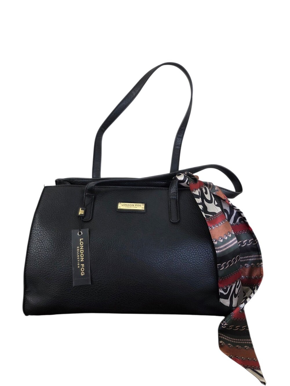 London Fog Black Elisa Satchel Vegan Leather Multicolor Scarf New With Tags